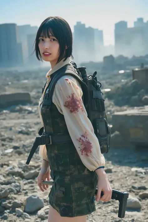 「 Japanese female actors appearing in horror movies based on Resident Evil。 she has a neutral appearance 、 has short black hair and a sharp gaze 、 standing in a combat position 。 she is wearing a military costume 、 is characterized by damaged clothes and b...