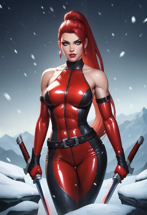 female red sleveless latex bodysuit with belt, black belt, racerback, bare shoulders, long gloves, toned arms, beautiful faces, red ponytail with showing forehead, long ponytail, earrings, soft smooth skin, pale skin, snow blizzard background, blue eyes, s...