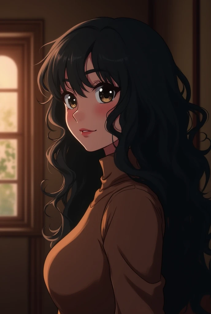  Creates the image of a 4k anime-style woman with very long and curly jet hair, big white eyes , rosy cheeks,  round lips,  fair skin , a brown plush turtleneck blouse ,  is in a mansion with dim bright lighting , mirando a la izquierda