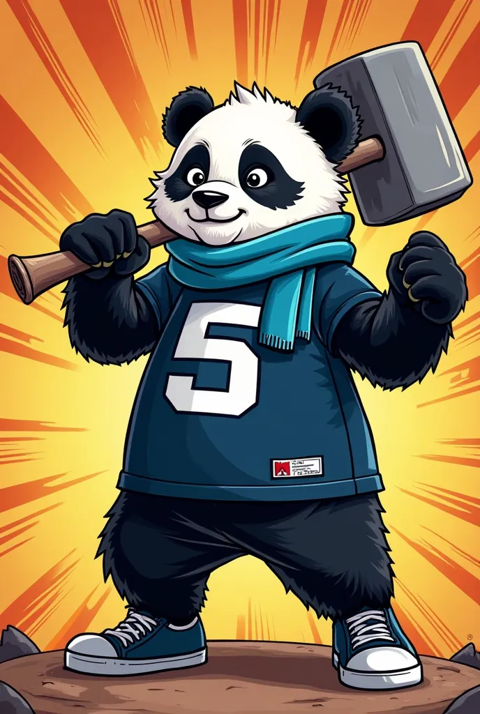 Comic: panda bear with cornflower blue scarf, navy blue sports jersey with white '5', and black sneakers. He wields big steel mallet.