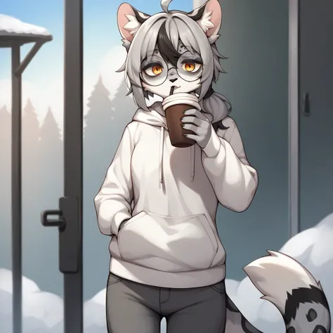 Solo, score_9, score_8_up, score_7_up, score_6_up, score_5_up, score_4_up, source_anime, Anthro furry girl, snow leopard, amber eyes, tall and skinny, short grey hair, black tips on hair, black highlights on hair, low ponytail. side locks, jitome, bags und...