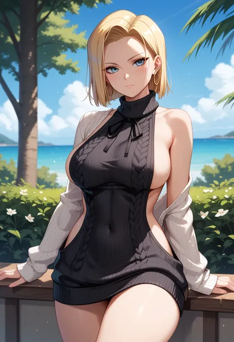 1girl, breasts, solo, android_18, blonde_hair, earrings, jewelry, large_breasts, sweater, blue_eyes, short_hair, covered_navel, , virgin_killer_sweater, looking_at_viewer, sideboob, outdoors, hoop_earrings, meme_attire, blush, day, thighs, tree, sky, , blu...