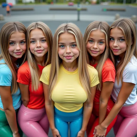 16k,  high resolution,  best quality, super Details, textured skin,  masterpiece, Precise,  anatomically correctly.  Very realistic photo of 6 very young girls, long blonde hair with long colorful highlights .  very big lips ,  very full lips ,  open lips,...