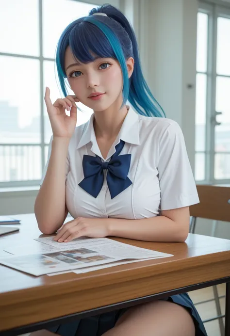 kurokawa akane,8k,masterpiece,detailed,(1 young girl),streaked hair,(blue hair),(fidgeting),(ponytail),looking at viewer,room,cowboy body,(pure skin),(big breasts),(school uniform),hand up,elbows on table