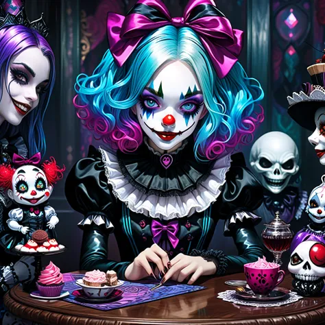 a close up of a person sitting on a table with a doll, alice in wonderland cyberpunk, goth clown girl, portrait of jinx from arcane, ever after high, alice x. zhang, shalltear from overlord, creepy clown girl, high detailed official artwork, like alice in ...