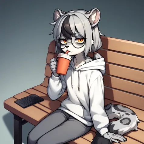 Solo, score_9, score_8_up, score_7_up, score_6_up, score_5_up, score_4_up, source_anime, Anthro furry girl, snow leopard, amber eyes, tall and skinny, short grey hair, black tips on hair, black highlights on hair, low ponytail. side locks, flat chest,  jit...