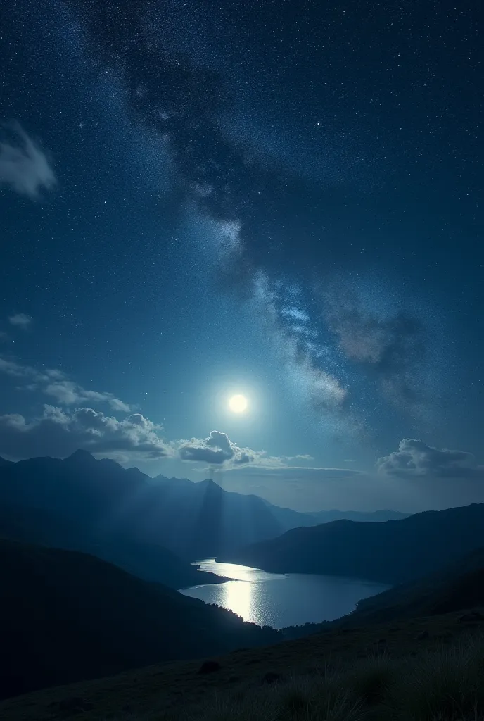 A breathtaking night sky filled with countless twinkling stars and a bright, luminous full moon. The moon's soft glow casts a gentle light over the landscape below, reflecting on a calm lake or rolling hills. Wisps of clouds drift subtly across the sky, ad...