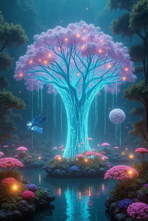  Dream gardens in future cities ： There is a huge transparent tree in the center of the ， hides a mysterious garden composed of holographic light and biofluorescent plants。 garden is woven from a stream of data ， The petals sparkle with the ancient code ， ...