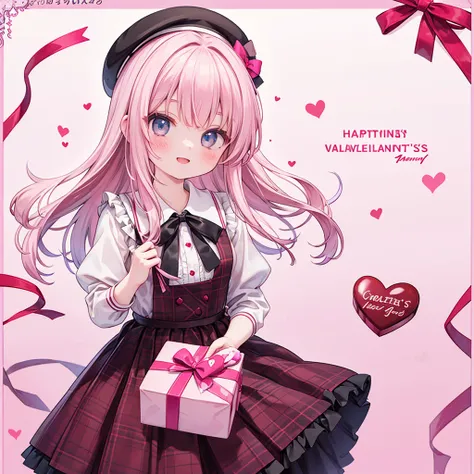 small girl, looking at the viewer with a big smile, pink and brown checkered dress, beret, holding a box of chocolates for Valentine's Day, neon colored hearts in the background, frame resembling a ribbon, picture resembling a gift box