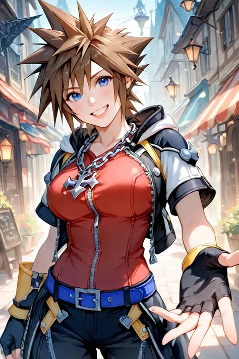 cowboy_shot,{1girl},kingdom_hearts_i,{sora_(kingdom_hearts)},genderswap_(mtf),{cowboy_shot},brown_hair,{spiked_hair},blue_eyes,smile,teeth,large_breasts,hood_down,hooded_jacket,chain_necklace,red_shirt,zipper,zipper_pull_tab,blue_belt,white_fingerless glov...