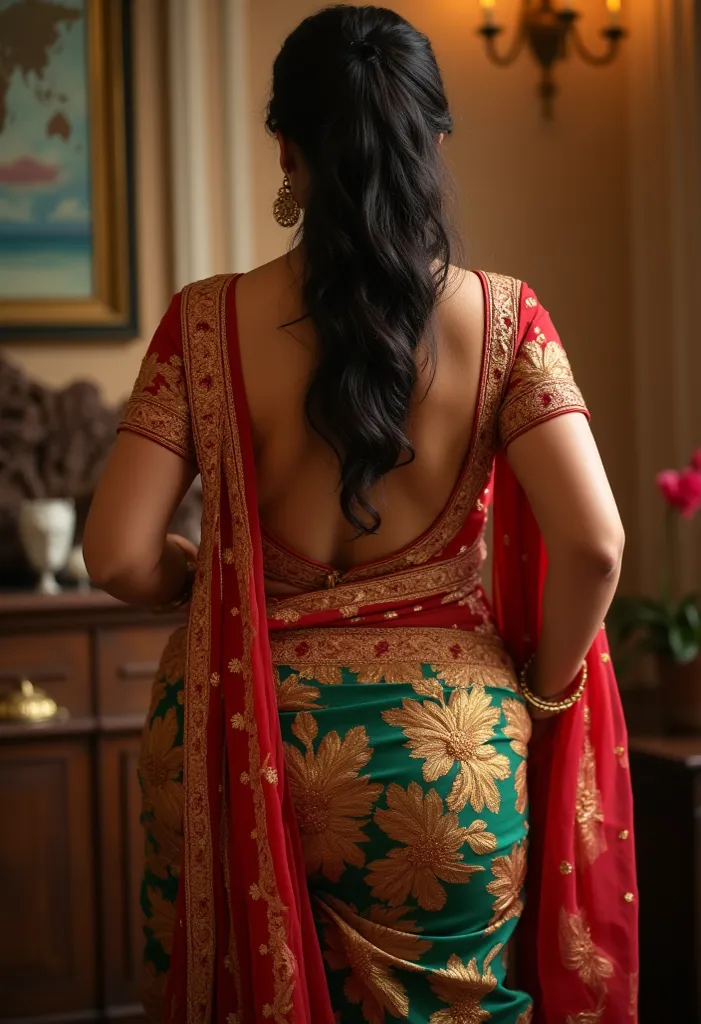 Back view of a 30 year old busty voluptuous indian woman ,flaunting her hips , curvy slut , low back blouse, low waist saree , Seducing,  posing sensual 