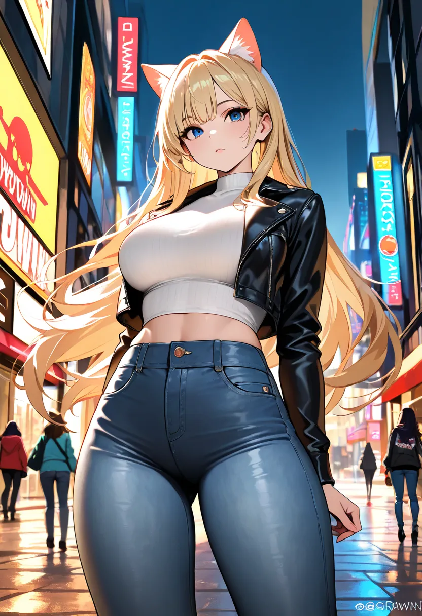 Absurd resolution, high resolution, (masterpiece: 1.4), hyper-detail, stunning female, blonde long hair, cat woman, urban style, uptown background, dark blue open cropped jacket, red brassiere, tight jeans
