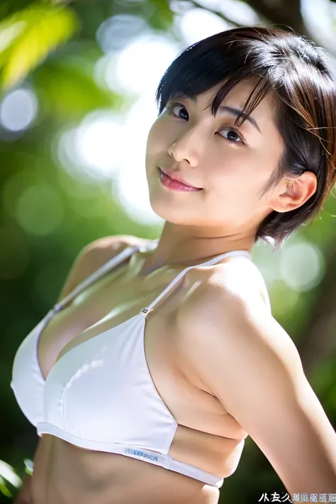 {{ LOW ANGLE SHOT}}、35-year-old Japanese woman with beautiful breasts and short black hair、whole body、8K quality、 white bikini