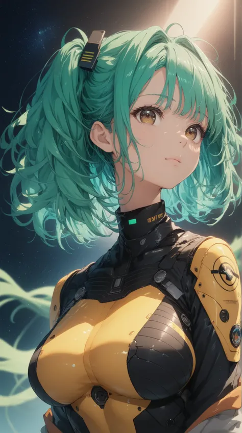 An anime mature girl with shoulder-length mint green hair styled into two playful high ponytails with wavy, voluminous locks cascading down, secured with futuristic black clips, and warm brown eyes. She floats weightlessly in zero gravity, gazing at a dist...