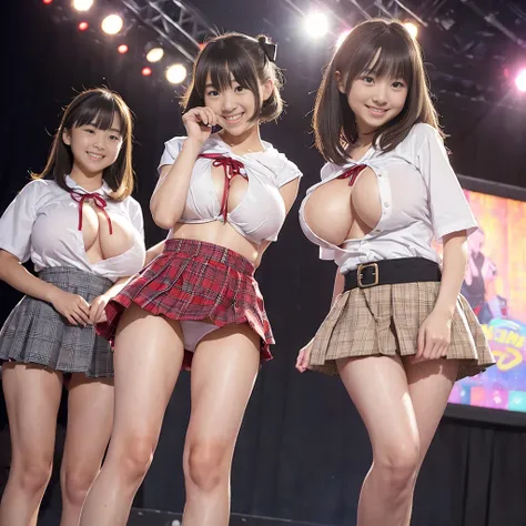  nsfw,  top quality、 masterpiece、 Super High Resolution 、( idol concert stage background)、 spotlight、 (realistic:1.4)、 RAW Photo、 perfect anatomy, very detailed skin、 physics-based rendering、(( 2 female middle school students line up wearing matching cloth...