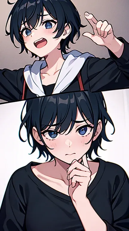 A  boy forced to wear girl clothes and forced to act like a girl by his parents, scared and sad, friends laughing at him, short hair , painfully growing small boobs, hoodie, black dress