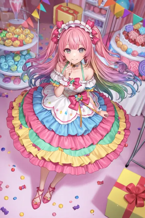 Beautiful girl with long hair in rainbow curls wearing a rainbow lolita dress with a dragon next to her

Create a comprehensive and vibrant discussion about a colorful candy party. Include details such as the theme, decoration ideas, types of candies, acti...