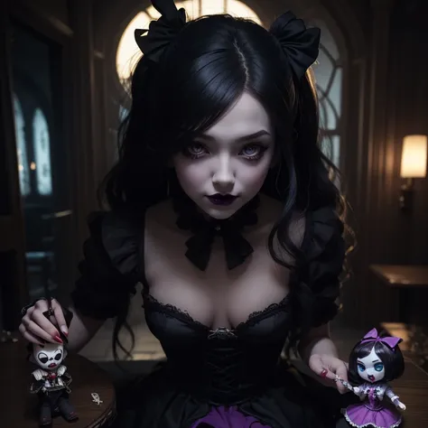 a close up of a person sitting on a table with a doll, alice in wonderland cyberpunk, goth clown girl, portrait of jinx from arcane, ever after high, alice x. zhang, shalltear from overlord, creepy clown girl, high detailed official artwork, like alice in ...