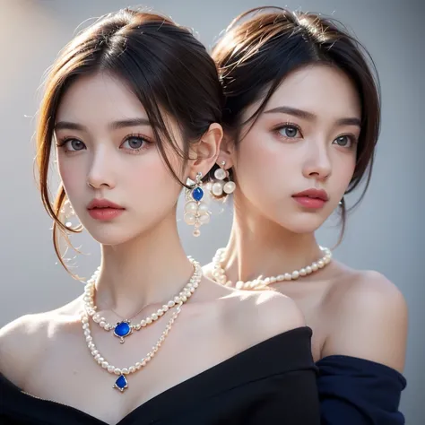 Ultra-fine， HD，Portrait of an extremely beautiful woman， facial portrait ，Clear skin texture，Double eyelids， big eyes，The left eyebrow is the same as the right eyebrow，((( with pearl earrings ， sapphire necklace ：1.5)))，(( front view))，Facial highlights，Po...