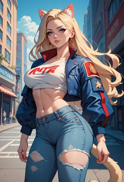 Absurd resolution, high resolution, (masterpiece: 1.4), hyper-detail, stunning female, blonde long hair, cat woman, urban style, uptown background, dark blue open cropped jacket, red brassiere, light blue short ripped jeans
