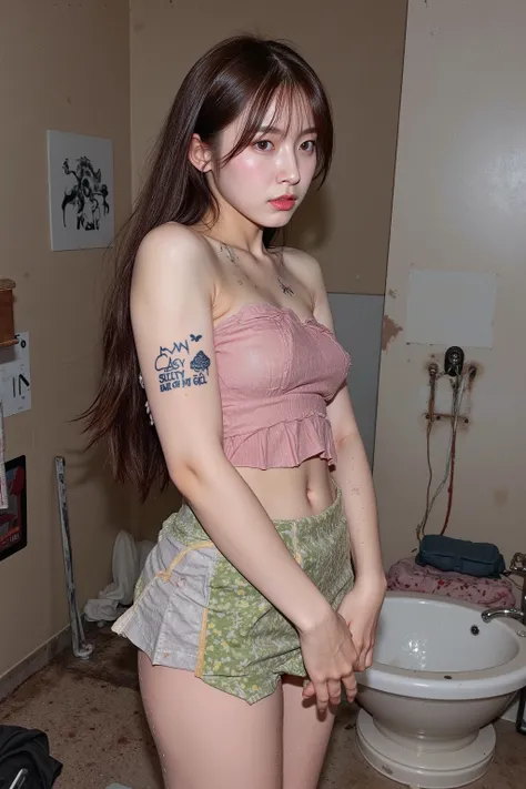 NSFW, urine,
Realistic, 

full body,
Looking at the camera and looking a little surprised,

Young Korean girl,  
she is after sex,
She is Arin, the youngest member of the idol group "OH MY GIRL",
bangs, 
She is in her early s,
She has very white skin,
She ...