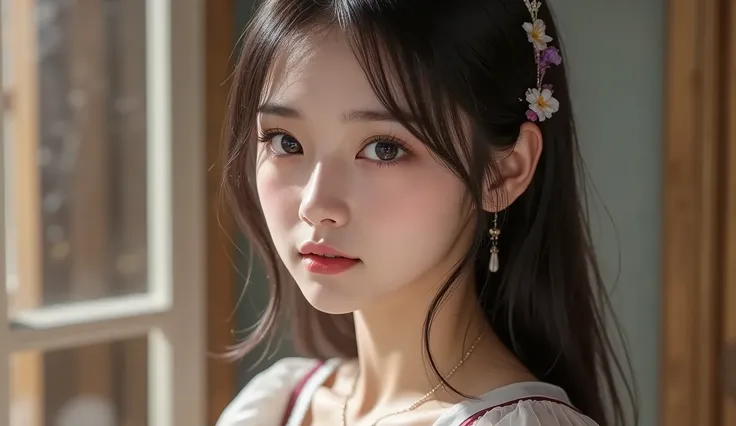 8k, ultra high resolution , top quality, masterpiece,rule of thirds,golden ratio, surreal, photos, one woman,( girl:1.3), cute, cute顔, Beautiful Eyes in Every Detail , 細かく Details, Mature Women, princess,extream close up,smile, black hair,Messy hair,I...