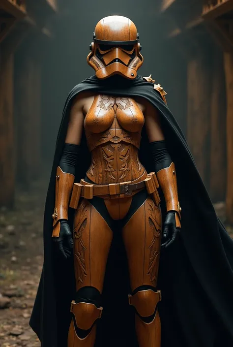 Sexy female stormtrooper (Star Wars), ornate armored leotard, wood helmet, wood armor, wood mask, wearing black cape