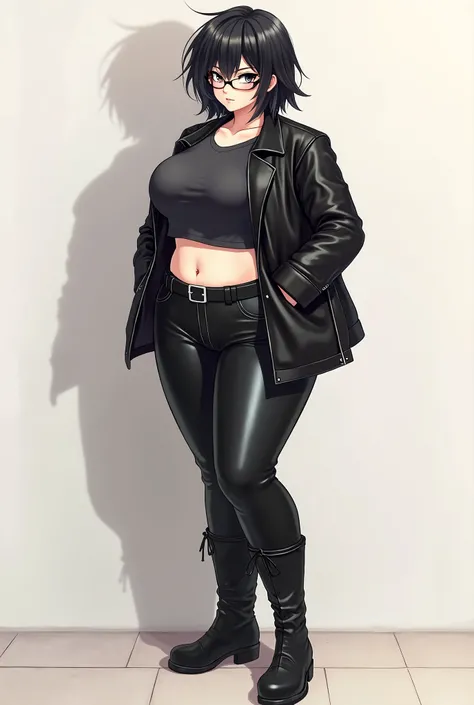  anime character, single character, leather pants, belt, tight high boots, androgynous,  boots, posing for a picture, black shiny leather, bellybutton, tousled boyish hair, crotch, wearing glasses, little chubby, Anime character, plus-sized tomboy, black h...