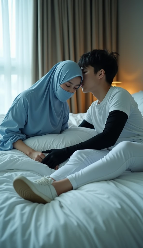 Foto aksi full shot angle, Handsome young prince forces terrified young chinese muslim princess to sleep on a bed of modern East Asian inn.  Princess wearing light blue short hijab ,  fabric covering nose and mouth ,  white short-sleeved plain camping shir...