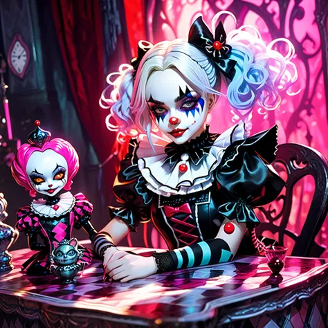 a close up of a person sitting on a table with a doll, alice in wonderland cyberpunk, goth clown girl, portrait of jinx from arcane, ever after high, alice x. zhang, shalltear from overlord, creepy clown girl, high detailed official artwork, like alice in ...