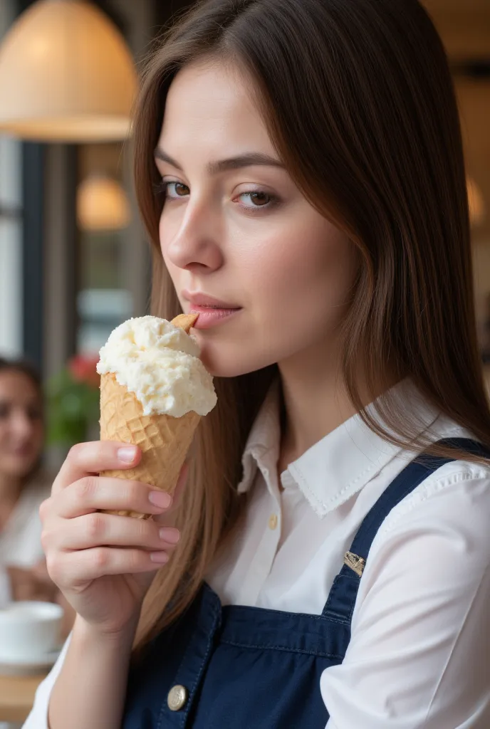 Close up face , Side view,  right hand is eating vanilla soft ice cream, in London restaurant,  name is Jessica, 22-age, (White English, brown long hair, beautiful brown eye, closed eyes,  cute lip, wide open mouth ,out tongue ) , (88 cm bust, 58 cm waist,...