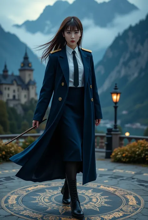 ((Sexy beautiful Japanese woman, self difence officer uniform, wearing navy blue long coat, white shirts, navy blue tie, navy blue pencil skirt, epaulette):1.5), The woman holds a Luxury magic wand in her right hand held out in front of her body, A large g...