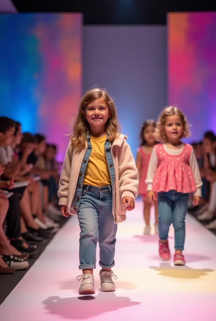 An image of a baby fashion show, with toddlers modeling on a runway. The ren are dressed in colorful, stylish, and trendy outfits, with a vibrant, multicolored background. The audience is seated around the runway, showing excitement and joy as they watch t...