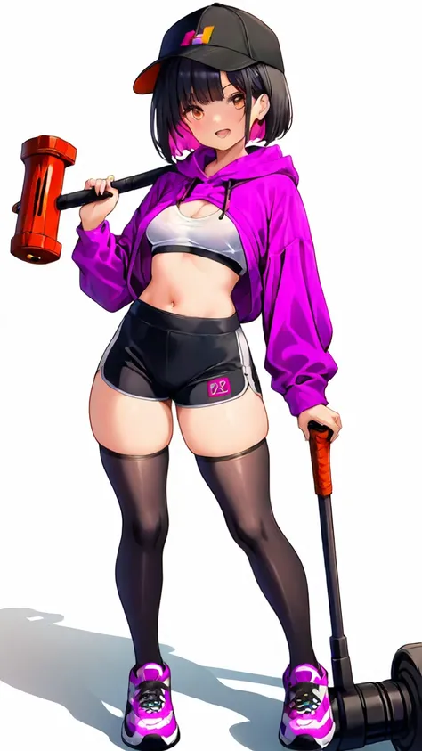 solo, ( ), ( Masterpiece),  ( anatomically correct from toe to head),  bob cut hair, (Dark pink and jade gradation color hair:1.2), Thick thighs,  Fuzzy Purple Hoodie ,  white sports bra,  black spats, ( white background),  standing picture,  and laugh,  B...