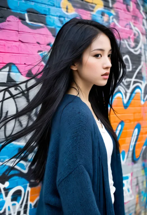 score_9_ up , score_8_ up , score_7_ up , Abstract, 1 girl, alone, Age 25, no face , Close view ,(adult),m,long black Hair, with wind and facing away from the viewer, Blu cardigan, portrait photo turn around portrait,( background is an abstract graffitied...