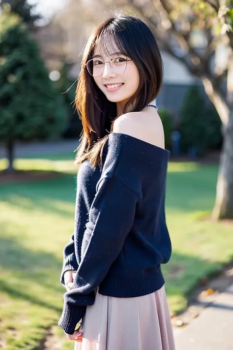 Draw a cheerful, pretty girl with shoulder-length hair and wore glasses and a slightly ish face, smiling at you on a sunny winter day with a clear blue sky. Her naturally straight shoulder-length hair sways in the cool but pleasant breeze, and the soft sun...