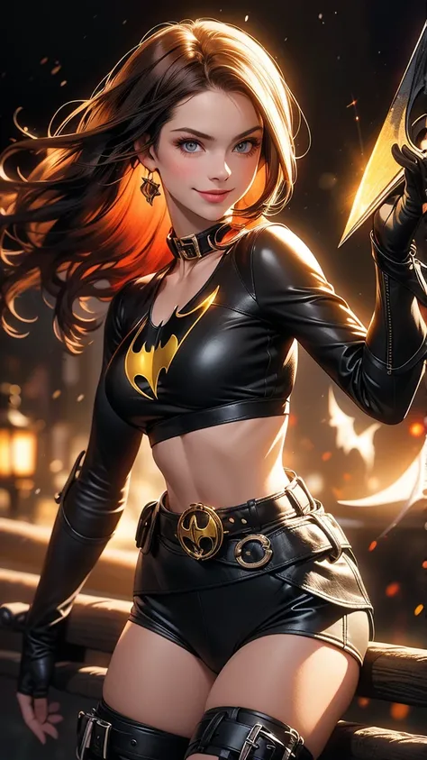  a girl with long red hair and blue eyes ,  wears a black and yellow bikini with a bat symbol on her chest .  She wears a utility belt around her waist and black gloves and boots.  She poses confidently with a smile and a batarang in her hand . She is Batg...