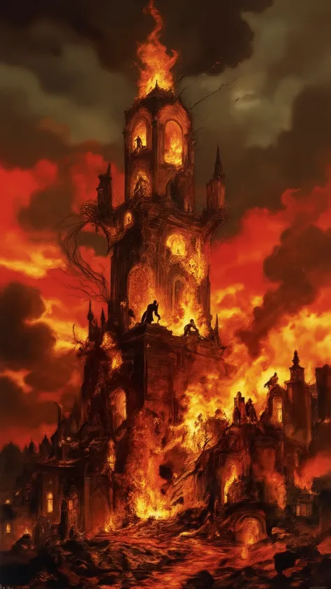 gothic horror, cinematic composition, ultra-detailed, a cursed monument burning in hellfire, its form cracking and collapsing under the relentless blaze, dark silhouettes writhing within the flames, infernal symbols glowing on shattered stone, thick smoke ...