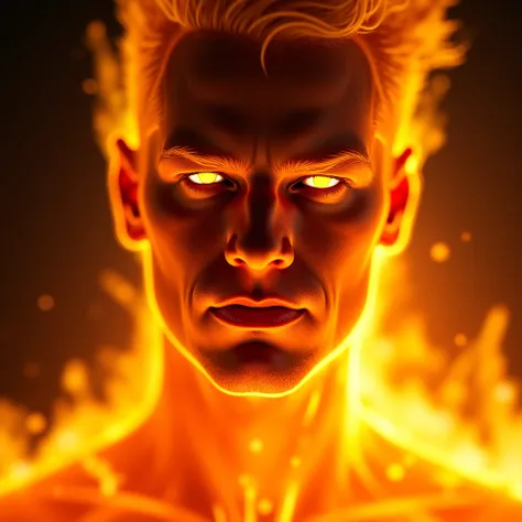 A close-up of Johnny Storm mid-transformation, his skin igniting into fire. His eyes burn with intensity as flames wrap around his body, turning him into a living inferno.