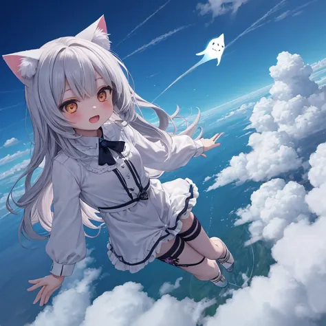 girl,Cat ears, Cute,small, Suspects,ghost, in the sky,In mid-air,Falling power,High above the clouds,Large water floor