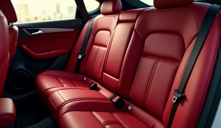 A close-up view of the luxurious back seats of a modern vehicle, specifically the (Red color 2026 Audi Q3 Sportback ). The beautifully crafted leather upholstery has intricate stitching and ergonomic contours. There is generous legroom. The premium feature...