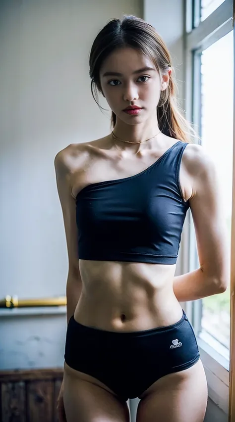 (((   lower abdomen is covered with plain dark blue volleyball shorts、Beautiful Sweat、 Crunchy、Delicate shoulders、  Slender Woman 、拒食症の女子、   thin waist 、Thin arms、  thin legs、 Protruding Bone    、I can see your abs、   very small breasts 、thin body、Ribs are...