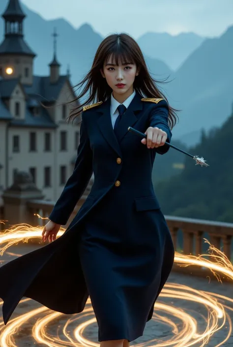 ((Sexy beautiful Japanese woman, self difence officer uniform, wearing navy blue long coat, white shirts, navy blue tie, navy blue pencil skirt, epaulette):1.5), The woman holds a Luxury magic wand in her right hand held out in front of her body, A large g...