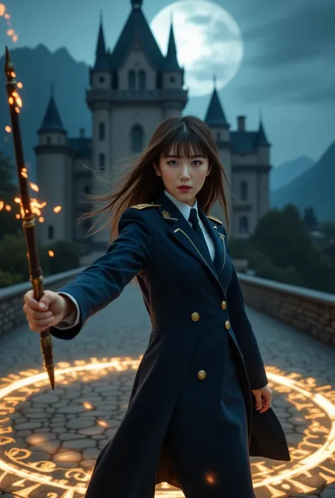 ((Sexy beautiful Japanese woman, self difence officer uniform, wearing navy blue long coat, white shirts, navy blue tie, navy blue pencil skirt, epaulette):1.5), The woman holds a Luxury magic wand in her right hand held out in front of her body, A large g...