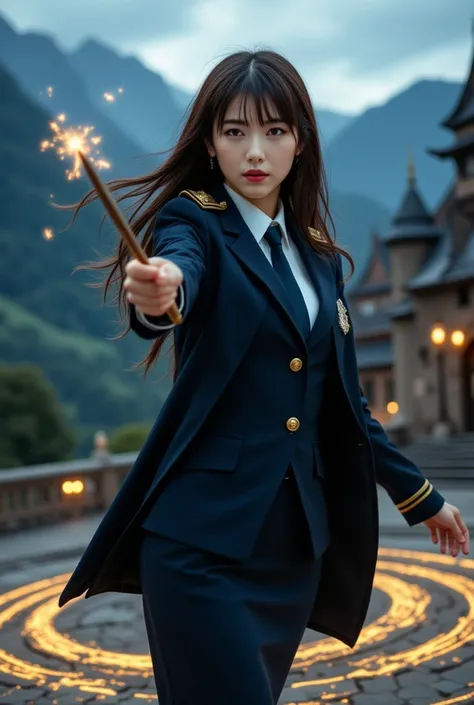 ((Sexy beautiful Japanese woman, self difence officer uniform, wearing navy blue long coat, white shirts, navy blue tie, navy blue pencil skirt, epaulette):1.5), The woman holds a Luxury magic wand in her right hand held out in front of her body, A large g...