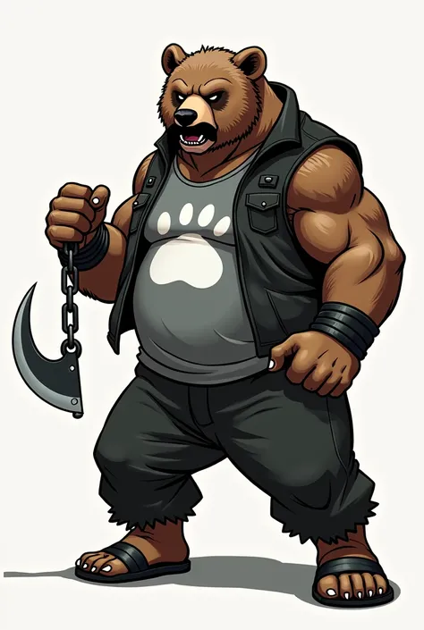 Comic: grizzly bear with black mustache, gray tank top with white bear paw print, black vest jacket, black wristbands, black pants and black sandals. He wields chained-sickle.