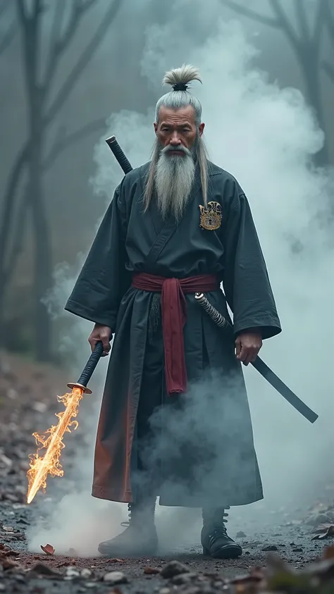 Create an old grey-haired Samurai, training with a jet black katana , while a thick white vapor sprays through his body in which  , disappears on his left foot he leaves light fire footprints and light ice footprints on his right foot 