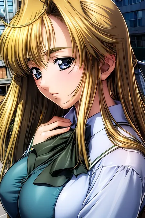 a girl, (best quality), (masterpiece), (((portrait))), (((hand on breasts))), gold hair, school uniform, light green blazer, medium large breasts, troubled eyebrows, The scene is set on a bright daytime street, with clear blue skies and city elements in th...