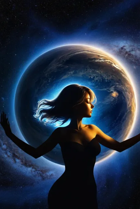  This image、 it looks like the solar system, including the Earth, from space ,A woman's body 、It assimilates to the galaxy , silhouette, long hair,Staring at the blue Earth and the other planets in the solar system , the universe and women are integrated. ...