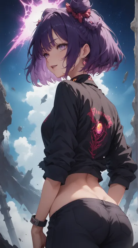 A mysterious anime girl with short bob-cut dark violet hair cascading down her back, with two small buns on either side of her head. She remains still in a sleek black buttoned shirt with subtle red piping and a glowing high-tech collar. Behind her, a mass...